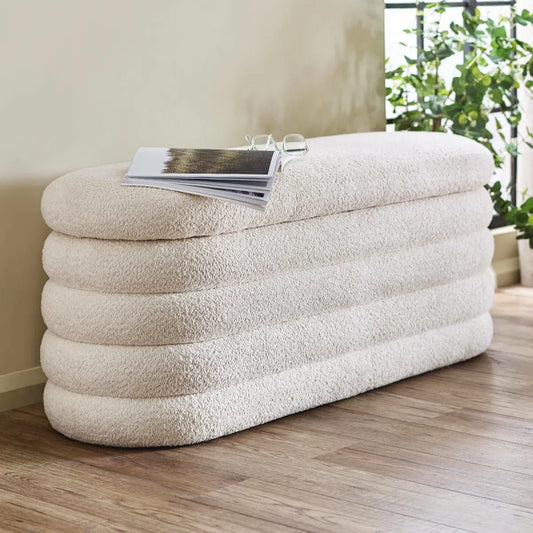 Julian Bowen Generous Ivory Boucle Upholstered Ottoman Storage Bench | Hailey Range - Wood Velvet
