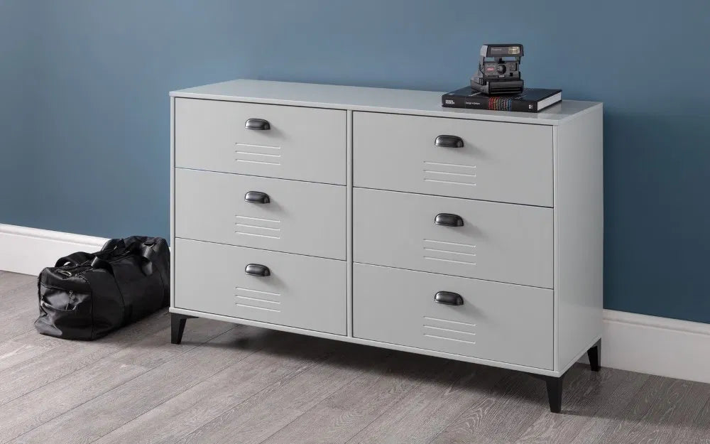 Industrial Look Solid Wood Metal Locker 6 Drawer Wide Chest | Lakers Range | Julian Bowen - Wood Velvet