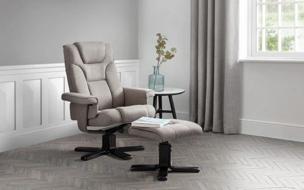 360 Swivel Chair & Footrest In Grey Linen | Malmo | Julian Bowen