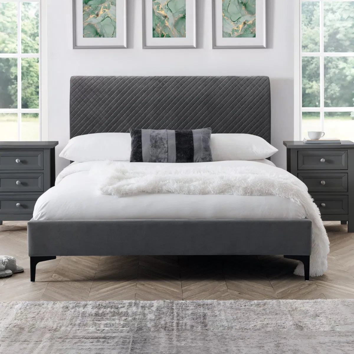 Diamond Quilted Bed Frame In Luxo Grey Velvet | Sanderson King Size | Julian Bowen
