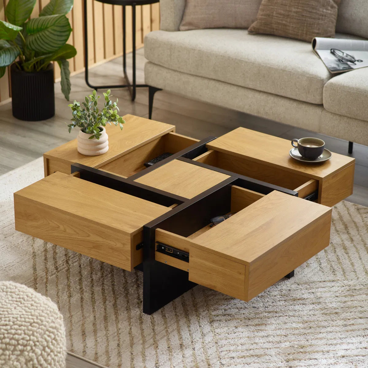 Geometric Oak-effect Square Storage Coffee Table | Tahoe Range | Julian Bowen - Wood Velvet