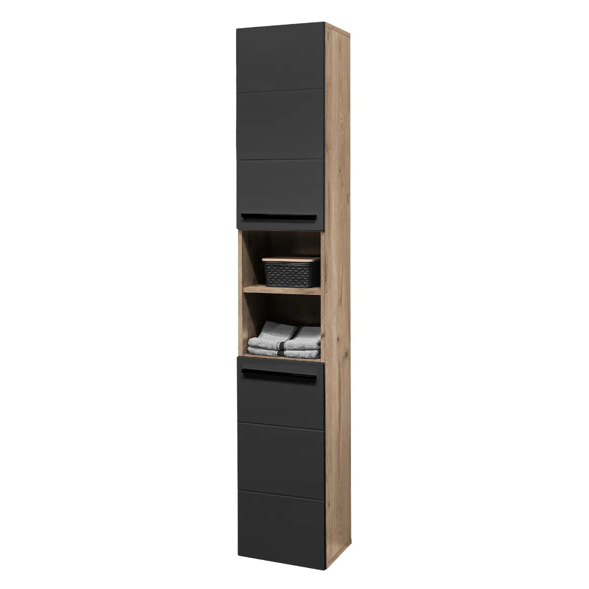 Tall Matte Black & Oak Bathroom Cabinet | Vista Range | Julian Bowen