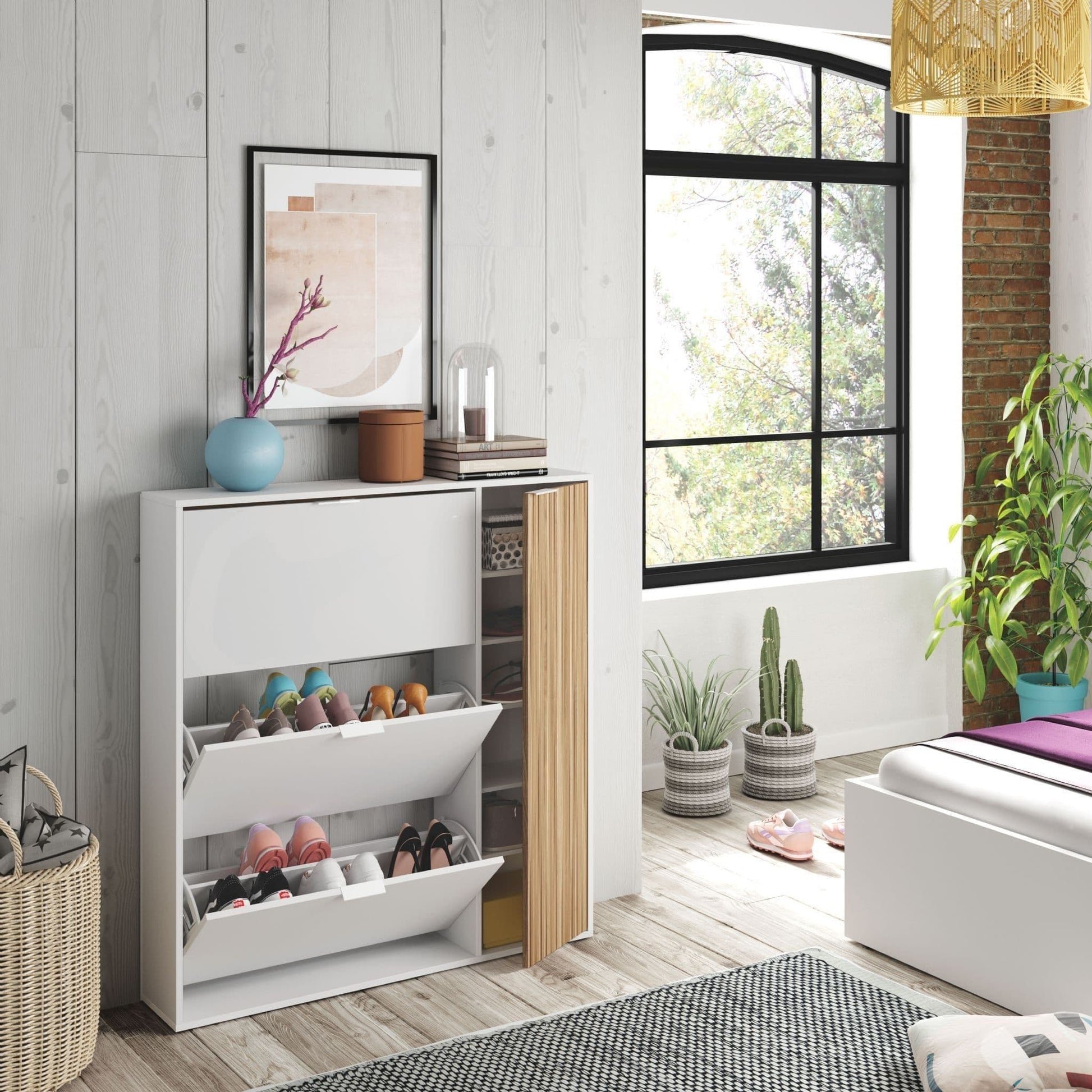 Dempsey Natural Oak Effect and White Large Shoe Cabinet - Wood Velvet
