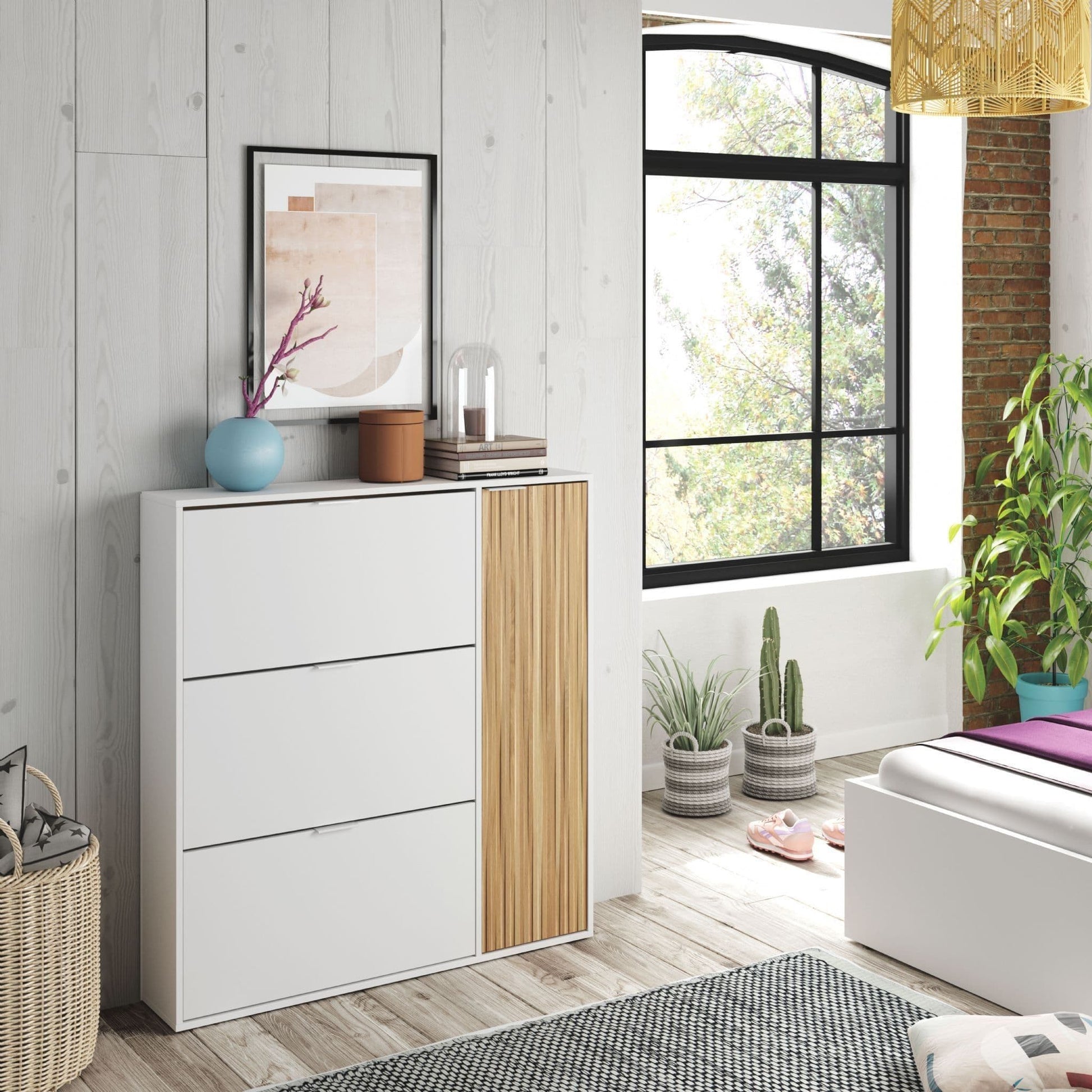 Dempsey Natural Oak Effect and White Large Shoe Cabinet - Wood Velvet
